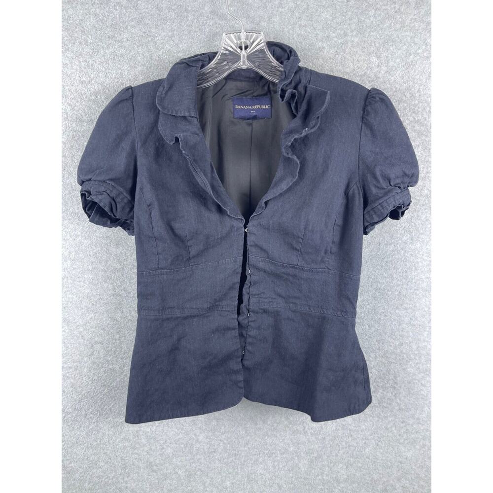 Banana Republic Top Womens 4 Navy Ruffle V Neck Bell Sleeve Linen Blend Hook Eye